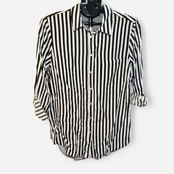 Jane + Delancey black and white striped button-up blouse sz Medium - Picture 1 of 3